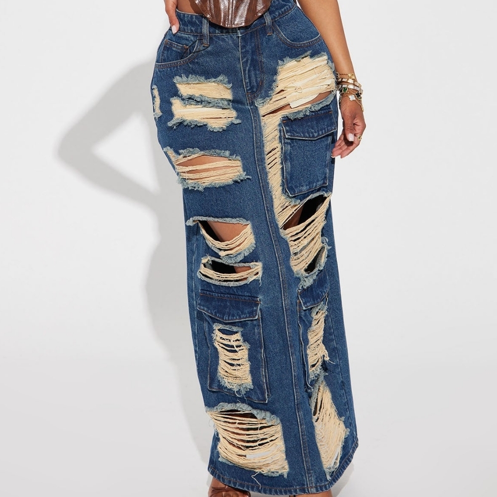 Hot Girl Distressesmd Denim Maxi Skirt